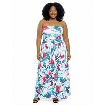 Plus Size 24Seven Comfort Apparel Essential Butterfly A-Line Strapless Pocket Maxi Dress