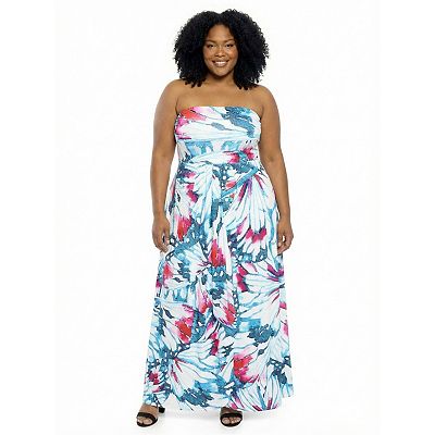24seven Comfort Apparel Plus Size Butterfly A-Line Strapless Pocket Maxi Dress