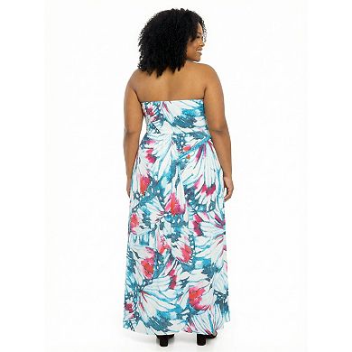 Plus Size 24Seven Comfort Apparel Essential Butterfly A-Line Strapless Pocket Maxi Dress