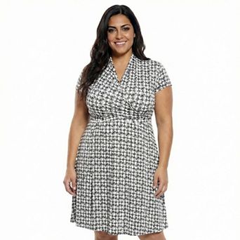 Plus Size 24Seven Comfort Apparel Geometric V-Neck Faux Wrap A-Line Dress