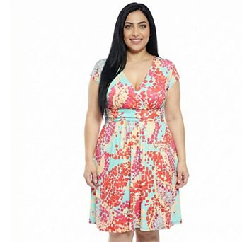 Plus Size 24Seven Comfort Apparel Abstract V-Neck Cap Sleeve Knee Length A-Line Pocket Dress