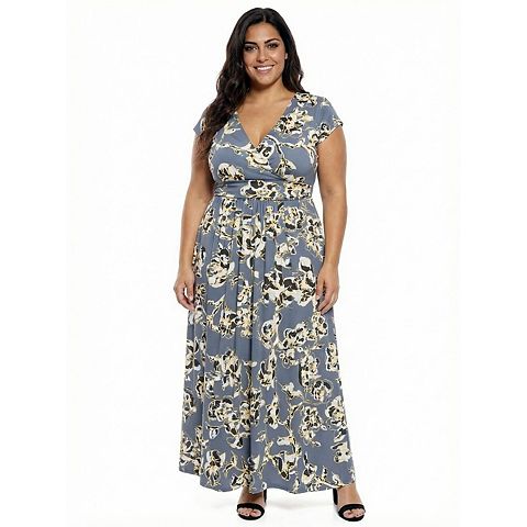 Женские платья 24Seven Plus Size 24Seven Comfort Apparel Floral V-Neck Cap Sleeve Side Slit Pocket Maxi Dress