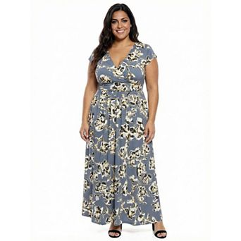 Plus Size 24Seven Comfort Apparel Floral V-Neck Cap Sleeve Side Slit Pocket Maxi Dress