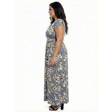 Plus Size 24Seven Comfort Apparel Floral V-Neck Cap Sleeve Side Slit Pocket Maxi Dress