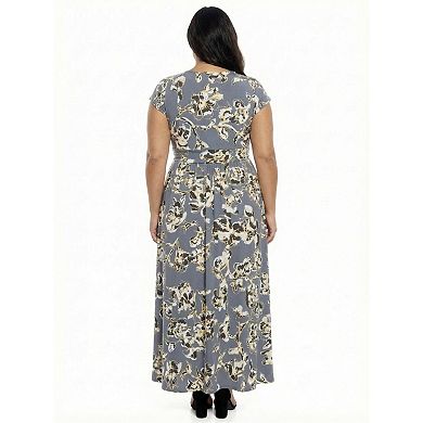 Plus Size 24Seven Comfort Apparel Floral V-Neck Cap Sleeve Side Slit Pocket Maxi Dress