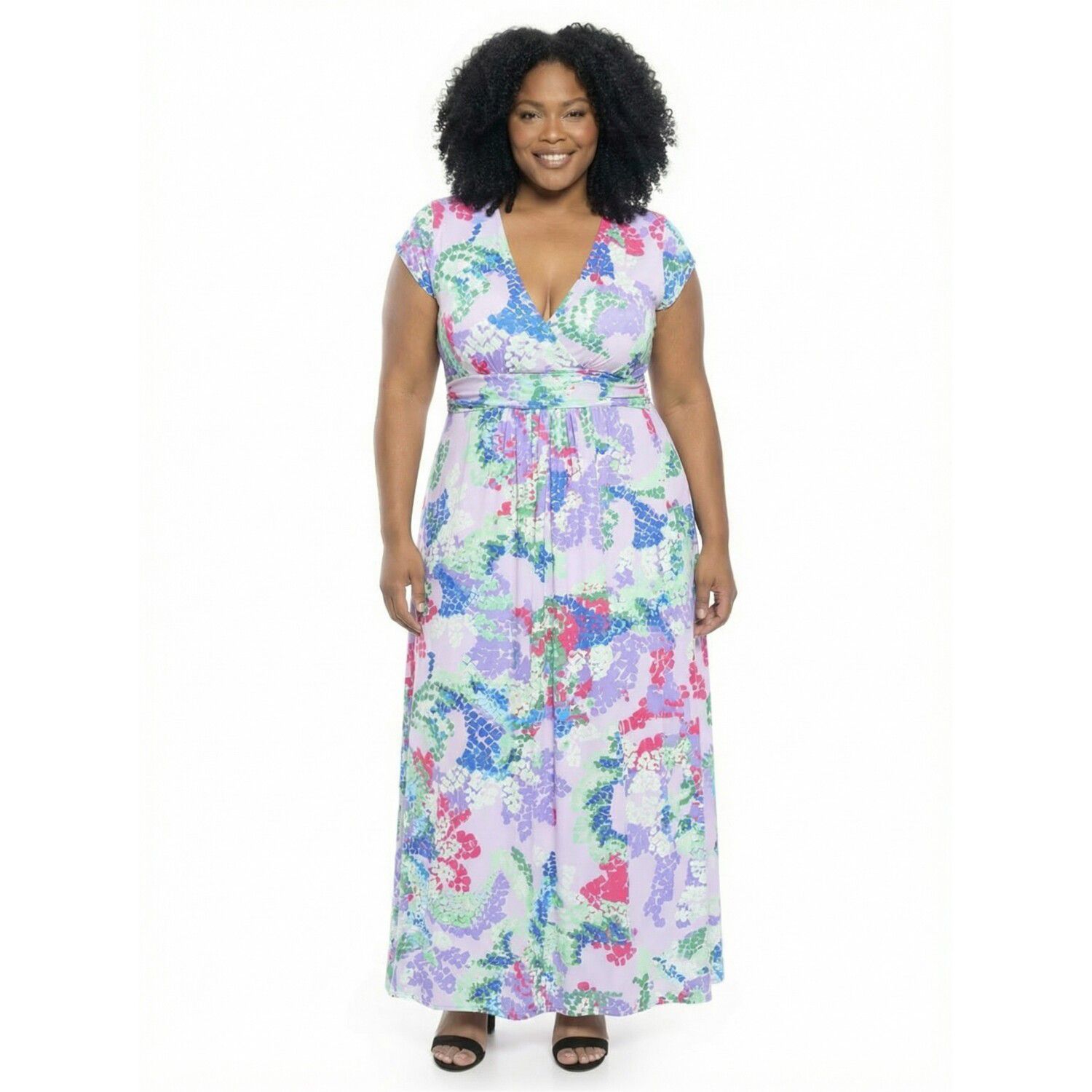 Женские платья 24Seven Comfort Apparel Plus Size 24Seven Comfort Apparel Abstract V-Neck Cap Sleeve A-Line Maxi Dress
