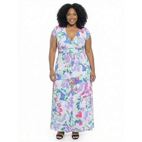 Женские платья 24Seven Plus Size 24Seven Comfort Apparel Abstract V-Neck Cap Sleeve A-Line Maxi Dress