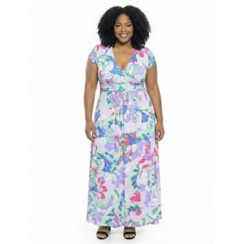 Plus Size 24Seven Comfort Apparel Abstract V-Neck Cap Sleeve A-Line Maxi Dress