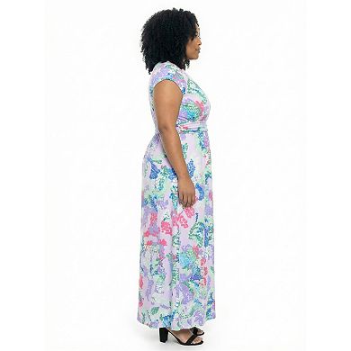 Plus Size 24Seven Comfort Apparel Abstract V-Neck Cap Sleeve A-Line Maxi Dress