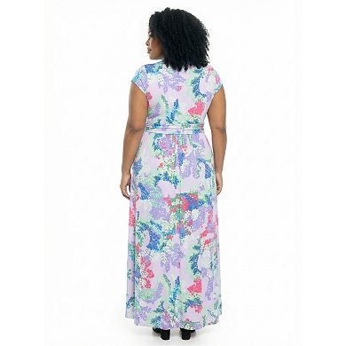 Plus Size 24Seven Comfort Apparel Abstract V-Neck Cap Sleeve A-Line Maxi Dress