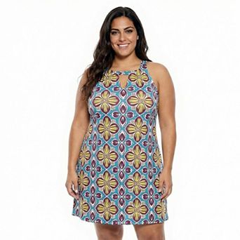 Plus Size 24Seven Comfort Apparel Floral Knee Length Keyhole Dress