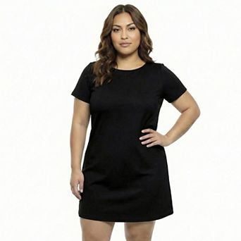 Plus Size 24Seven Comfort Apparel Essential Solid Short Sleeve Round Neck Mini Shift Dress