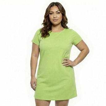 Plus Size 24Seven Comfort Apparel Essential Solid Short Sleeve Round Neck Mini Shift Dress
