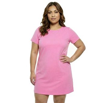 Plus Size 24Seven Comfort Apparel Essential Solid Short Sleeve Round Neck Mini Shift Dress