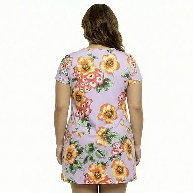 Plus Size 24Seven Comfort Apparel Floral Short Sleeve Round Neck Mini Shift Dress