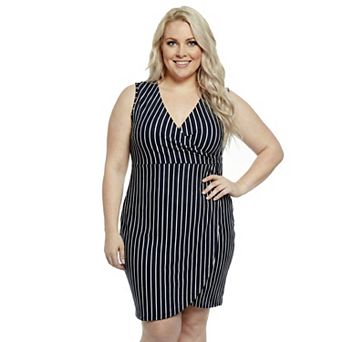 Plus Size 24Seven Comfort Apparel Striped V-Neck Sleeveless Faux Wrap Midi Dress