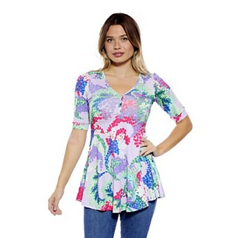 Women's 24Seven Comfort Apparel V-Neck Elbow Sleeve Henley Tunic Top