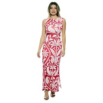 Women's 24Seven Comfort Apparel Paisley Sleeveless Side Slit Bodycon A-Line Maxi Dress