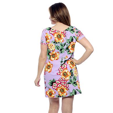Women's 24Seven Comfort Apparel Floral Short Sleeve Round Neck Mini Shift Dress
