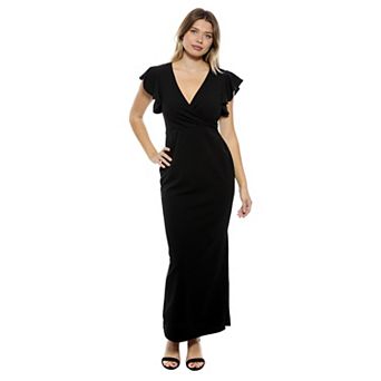 Women's 24Seven Comfort Apparel Solid V-Neck Tulip Hem Ruffle Sleeve Faux Wrap Maxi Dress