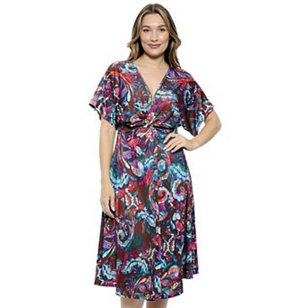 Women's 24Seven Comfort Apparel Abstract V-Neck Short Dolman Sleeve Twist Front A-Line Midi Dress