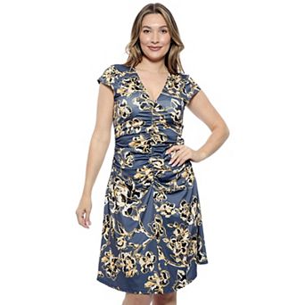 Women's 24Seven Comfort Apparel Floral V-Neck Cap Sleeve Ruched Front Knee Length Dress