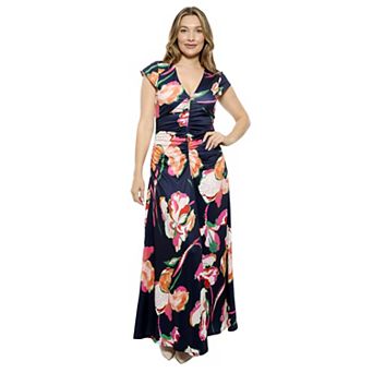 Women's 24Seven Comfort Apparel Floral V-Neck Cap Sleeve Ruched Front Maxi Dress