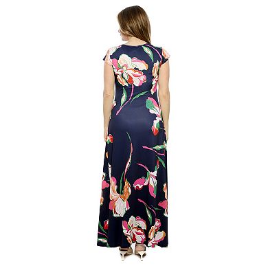 Women's 24Seven Comfort Apparel Floral V-Neck Cap Sleeve Ruched Front Maxi Dress