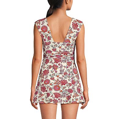 Women's Lands' End Long Torso Smoothing Squareneck Ruched Swim Dress