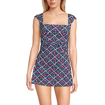 Women's Lands' End Long Torso Smoothing Squareneck Ruched Swim Dress