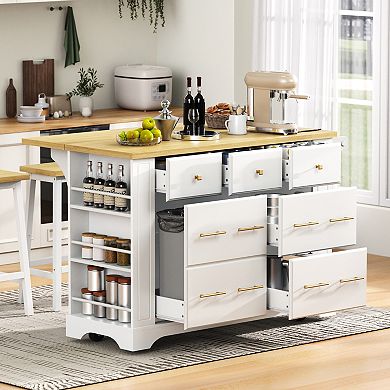 Merax Kitchen Island with 6 Drawers, Pull Out Trash Can Storage, Rolling Kitchen Island on 5 Wheels