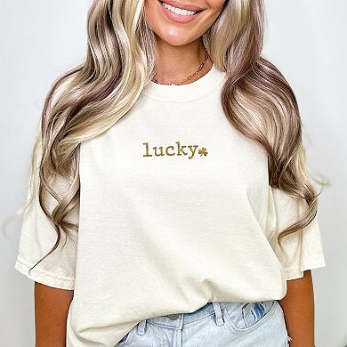 Lucky Typewriter Clover Puff Print - Women's Garment Dyed Graphic T-Shirt