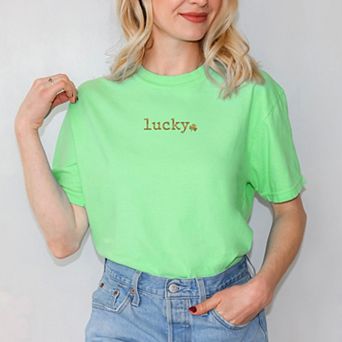 Lucky Typewriter Clover Puff Print - Women's Garment Dyed Graphic T-Shirt