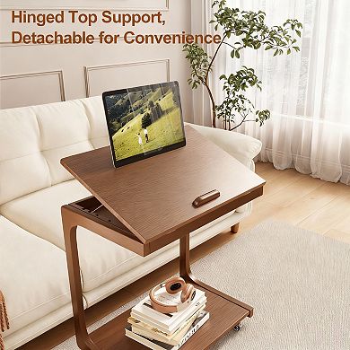 Adjustable C-shaped side table with 360° wheels, suitable for living room or bedroom