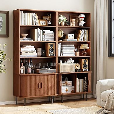 71" Tall Walnut Bookshelf, 4-Tier, Adjustable Shelves, Sliding Cabinet, Freestanding