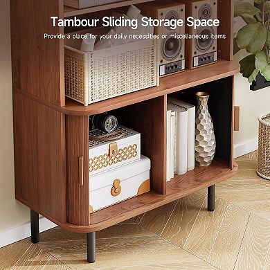 71" Tall Walnut Bookshelf, 4-Tier, Adjustable Shelves, Sliding Cabinet, Freestanding