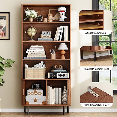 71" Tall Walnut Bookshelf, 4-Tier, Adjustable Shelves, Sliding Cabinet, Freestanding
