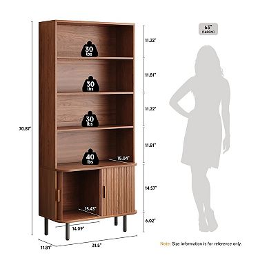 71" Tall Walnut Bookshelf, 4-Tier, Adjustable Shelves, Sliding Cabinet, Freestanding