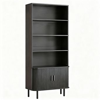 71" Tall Walnut Bookshelf, 4 tier Adjustable Shelves, Sliding Cabinet, Freestanding