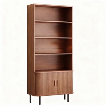 71" Tall Walnut Bookshelf, 4 tier Adjustable Shelves, Sliding Cabinet, Freestanding