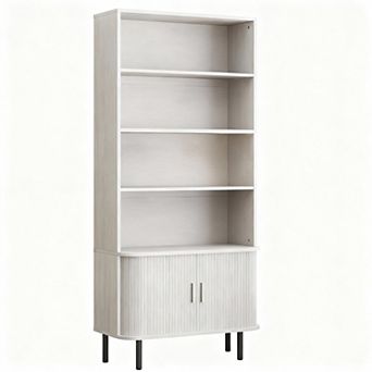 71" Tall Walnut Bookshelf, 4 tier Adjustable Shelves, Sliding Cabinet, Freestanding