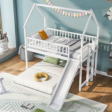 Merax Twin over Full House Bunk Bed with Slide and Built-in Ladder, Full-Length Guardrail