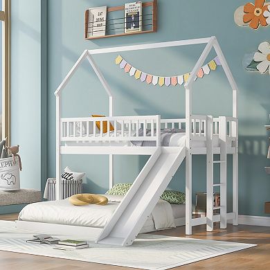 Merax Twin over Full House Bunk Bed with Slide and Built-in Ladder, Full-Length Guardrail
