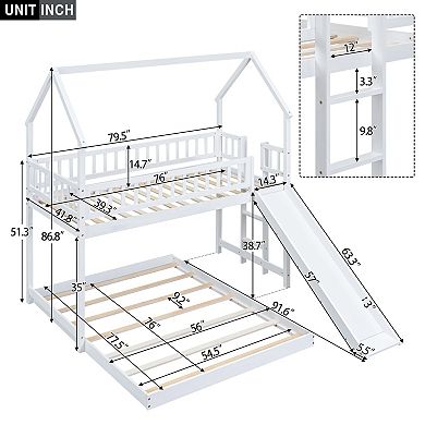 Merax Twin over Full House Bunk Bed with Slide and Built-in Ladder, Full-Length Guardrail