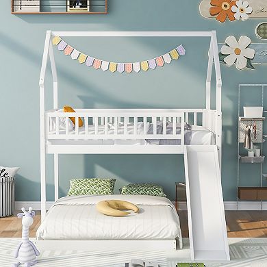 Merax Twin over Full House Bunk Bed with Slide and Built-in Ladder, Full-Length Guardrail