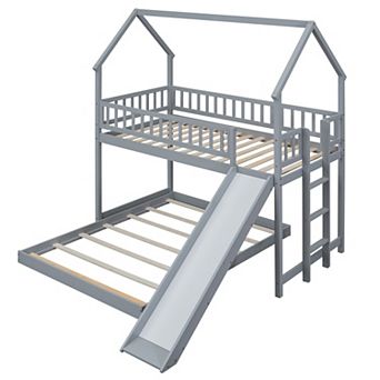 Merax Twin over Full House Bunk Bed with Slide and Built-in Ladder, Full-Length Guardrail