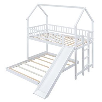 Merax Twin over Full House Bunk Bed with Slide and Built-in Ladder, Full-Length Guardrail