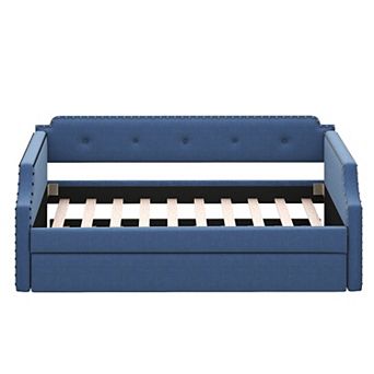 Merax Upholstered Daybed with Trundle, Wood Slat Support,Upholstered Frame Sofa Bed