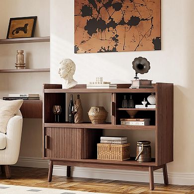Mid-Century Sideboard Cabinet with Built-in Outlet, Adjustable Shelves, and Fluted Sliding Doors