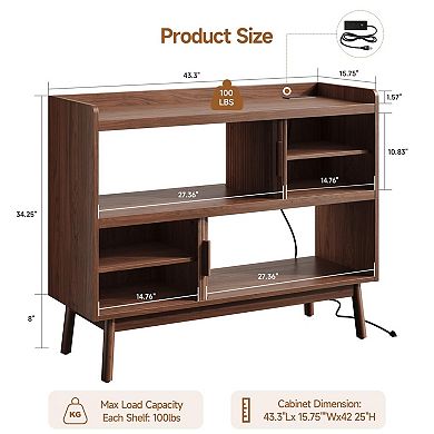 Mid-Century Sideboard Cabinet with Built-in Outlet, Adjustable Shelves, and Fluted Sliding Doors